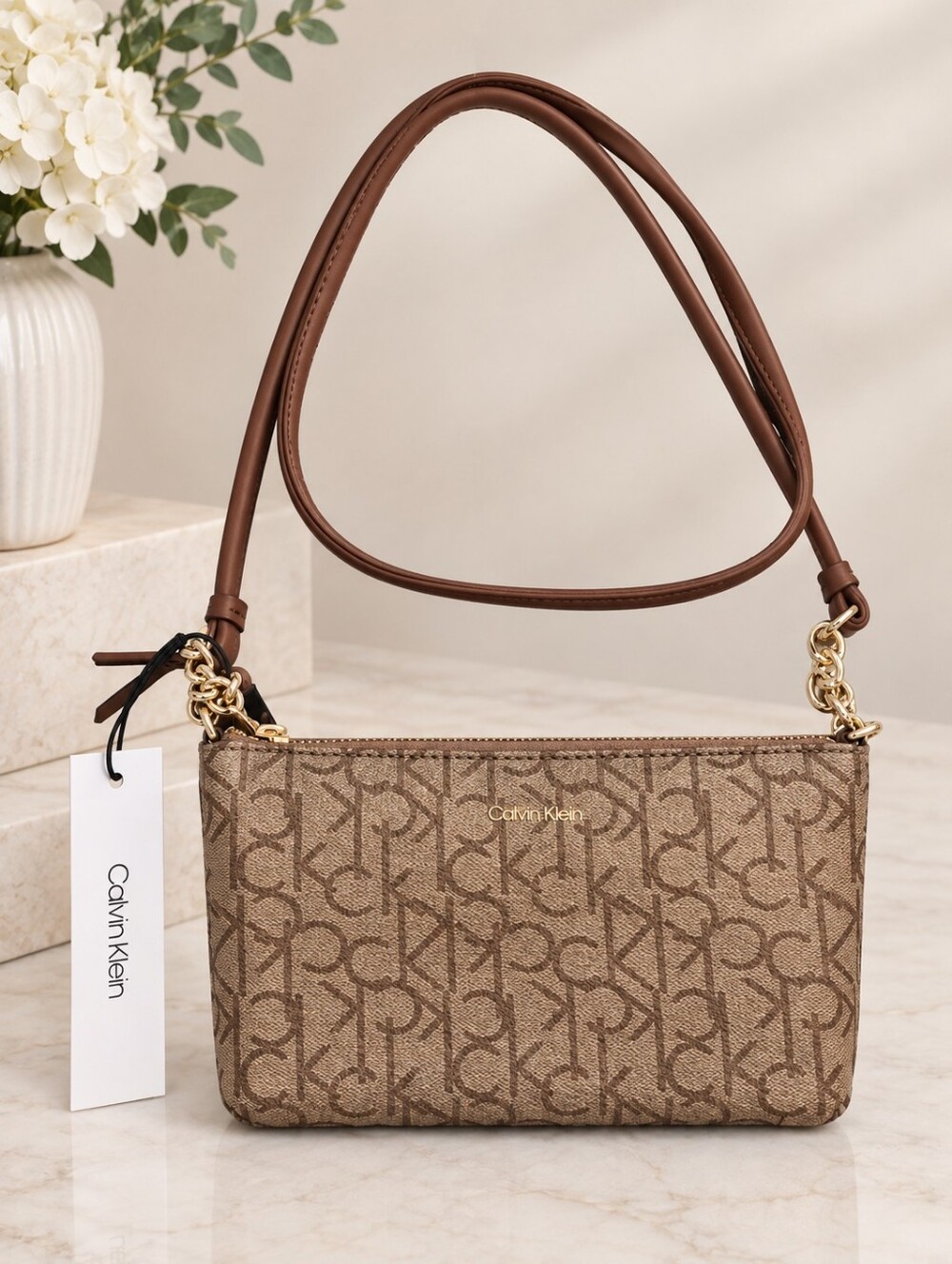 Calvin Klein Beige Taupe Monogram Crossbody Bag (NWT)